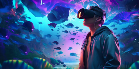 Naklejka premium a man appearance experiencing metaverse world with vr