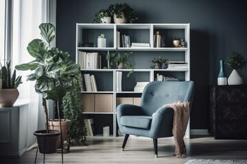 A cozy living room with bookshelf, plant, vase, corner design, blue recliner. Generative AI