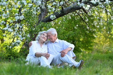 Fototapeta premium Senior couple sitting on the grass in the park