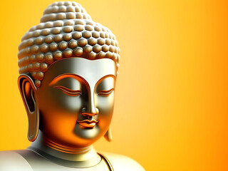 Buddha statue on golden background with copy space. Generative AI