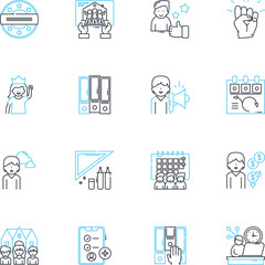 Office space linear icons set. cubicle, meeting, workplace, desk, productivity, environment, teamwork line vector and concept signs. technology,furniture,collaboration outline illustrations