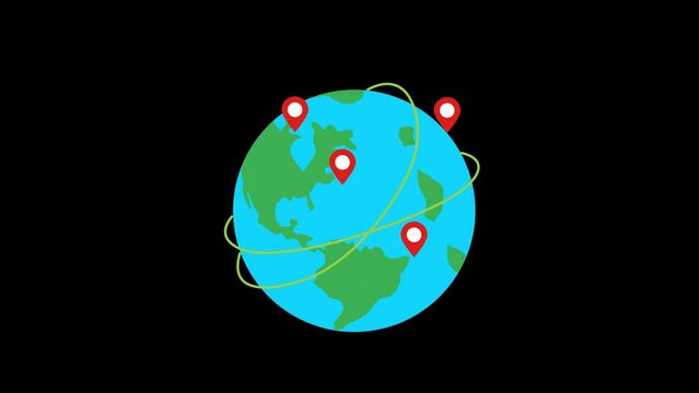 Earth map with locations pins connect path loop seamless animation video transparent background with alpha channel