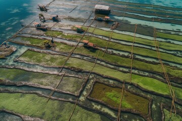 Bird's eye view of seaweed farming in Nusa Lembongan, Bali's aquaculture, Indonesia. Generative AI - obrazy, fototapety, plakaty