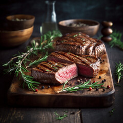 juicy grilled steak with herbs and spices on rustic cutting board. Barbecue