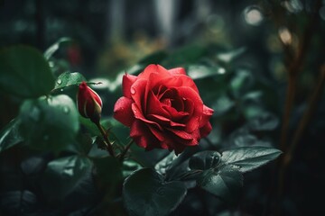 A red rose amid green bushes with a blurred backdrop. Generative AI
