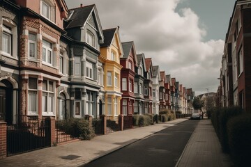 A long row of houses with residents. Generative AI