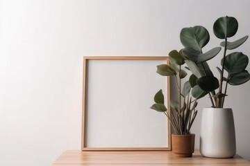 Mockup frame with eucalyptus plant on wooden table, generative Ai