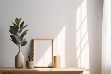 Fototapeta premium Interior of modern living room with white walls, wooden chest of drawers, plant in vase and frame mockup. 3d rendering, generative Ai