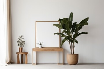 Interior of modern living room with empty picture frame, plants and wooden chair, generative Ai