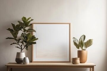 Mock up poster frame in interior background, Scandinavian style, 3d render, generative Ai