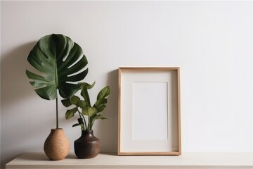 Modern scandinavian interior with mock up photo frame, plant in a vase and monstera leaf on wooden shelf, generative Ai