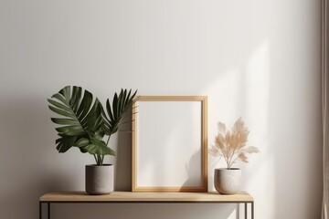 Wooden frame mockup in modern interior background. 3d render, generative Ai