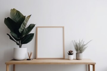 Mock up frame on wooden shelf with plant in white room, generative Ai
