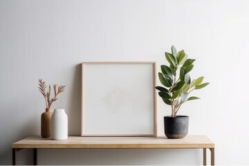 Mockup frame on the shelf with plant in vase., generative Ai