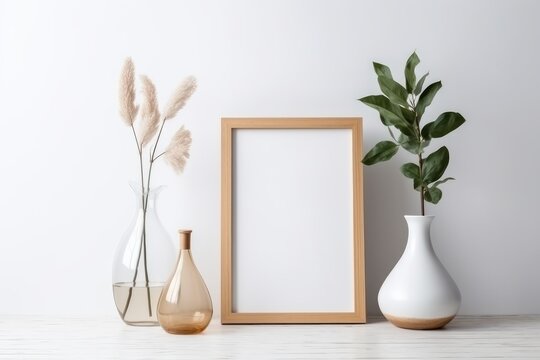 Mock up poster frame and vase with pampas grass on white wall background, generative Ai