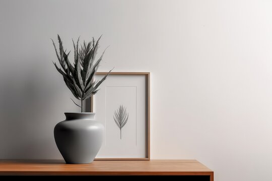 Interior design mockup. The minimalist interior design of living room with plant in vase and picture frame on wooden shelf, generative Ai