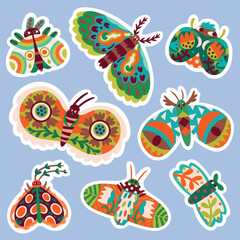 Hand drawn moths with floral ornaments. Sticker collection