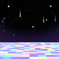 Cartoon disco floor and shooting stars in the dark.