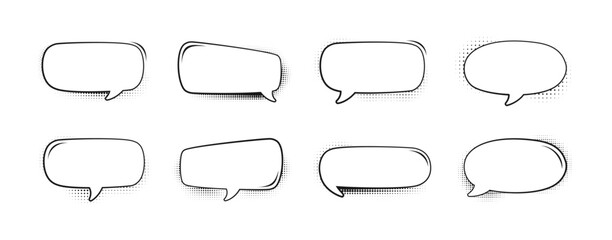 Fototapeta premium Retro blank comic speech bubbles set with black halftone shadows. Vector illustration, vintage design, pop art style