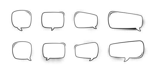 Retro blank comic speech bubbles set with black halftone shadows. Vector illustration, vintage design, pop art style
