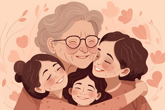 Grandmother, mother, daughter and great-granddaughter are hugging and smiling. Mothers Day card. Flat illustration generative AI.