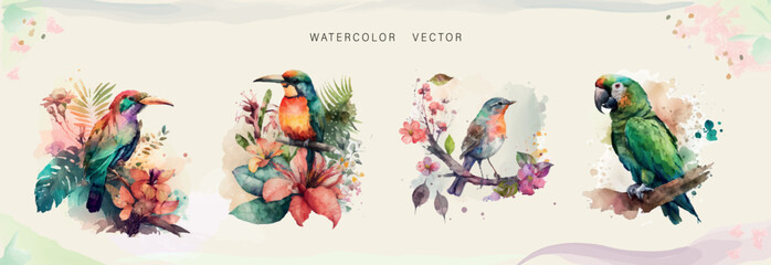 Abstract watercolor vector set. Beautiful tropical birds for your design.. 
 Luxury cover design with text, floral theme and brush style.
  floral art for  websites and prints, Invitation postcard.