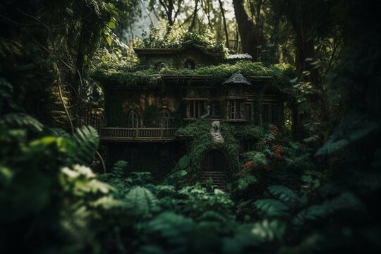 A tiny forest dwelling, covered in lush foliage. Generative AI