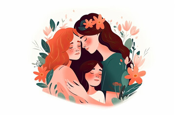 Mother and daughters are hugging. Mothers Day card. Flat illustration generative AI.