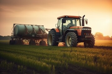 Retro tractor spraying fertilizer in farm field. Generative AI
