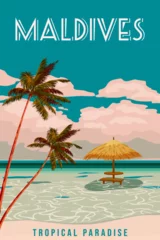 Keuken spatwand met foto Travel poster Maldives tropical resort vintage © hadeev