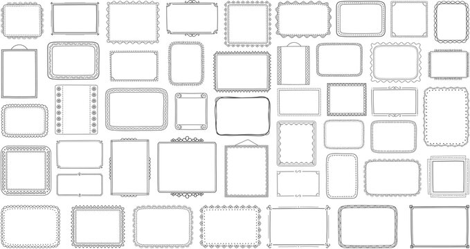 Big set of transparent hand drawn doodle frames, horizontal, vertical and square frames