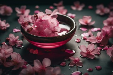 Spa ambiance with fluttering pink petals and cherry blooms. Generative AI