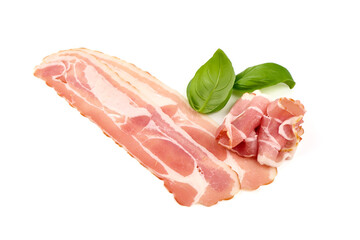 Smoked bacon strips, isolated on white background.