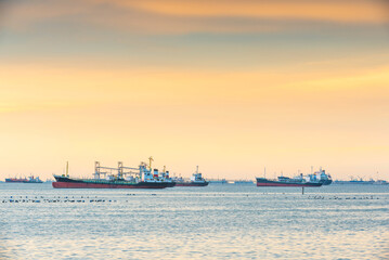Oil and gas tankers waiting to be loaded at sea
