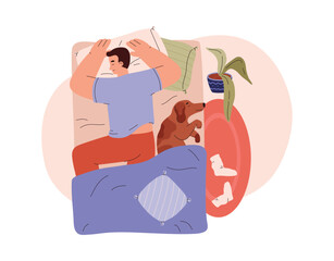 Man and dog sleep in the same bed, flat vector illustration isolated on white.