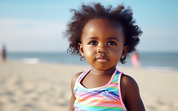 Black dark-skinned african american toddler little girl in summer on the beach. Generative AI
