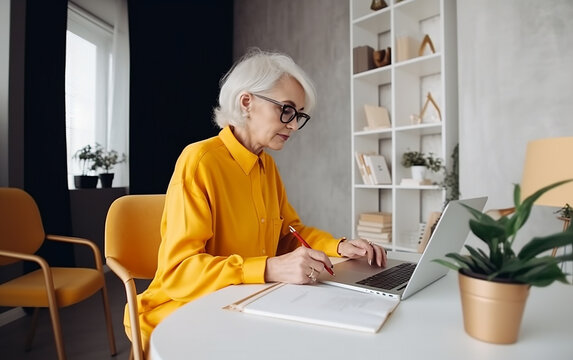 Senior older modern woman working at home or in office. Generative AI