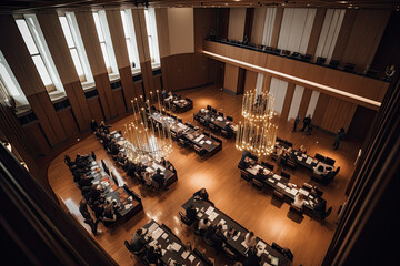 Bird's eye view of a conference expo hall, or a board room for business meetings and strategy session