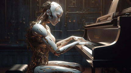 Robot playing piano. Ai with a musical instrument. Futuristic concept technology generative ai. - obrazy, fototapety, plakaty