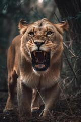 Obraz na płótnie Canvas Wild lion roaring aggressively. Jungle forest savannah running generative ai
