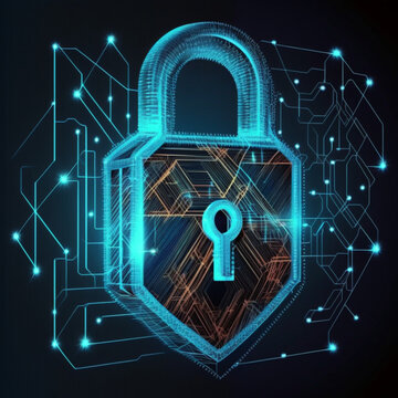Digital Security and Data Protection. Advanced holographic display featuring a padlock symbol, highlighting the importance of secure online access and safeguarding information.