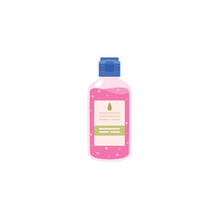 Hand sanitizer bottle with pink liquid, flat vector illustration isolated on white background.