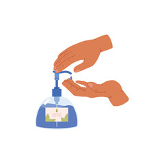 Hands using antiseptic to disinfect hands, flat vector illustration isolated.