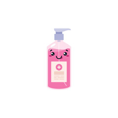 Antiseptic hand wash soap with kawaii face, flat vector illustration isolated.