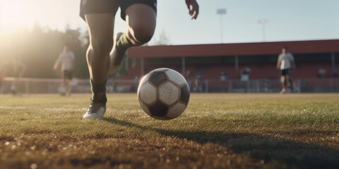 Football or soccer player playing with the ball in stadium. Generative AI
