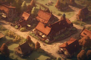 Illustration of a village from an isometric view. Generative AI