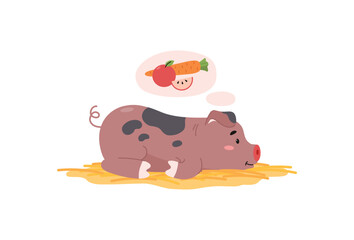 Smiling pig lying on hay and thinking about tasty food flat style