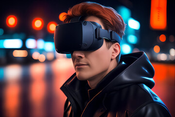 Mann im schwarzen Mantel mit VR-Headset am Kopf erstellt mit generativer AI
