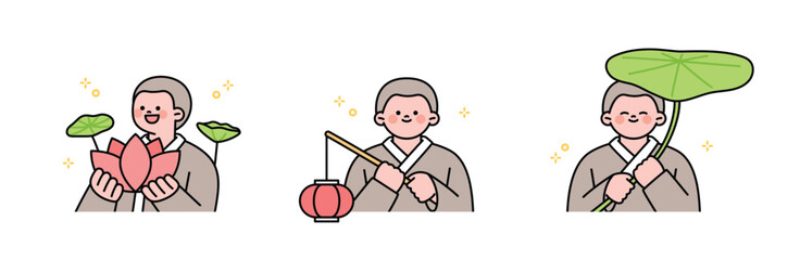 Buddha’s Birthday. Little monk, lotus flower, lantern, lotus leaf.