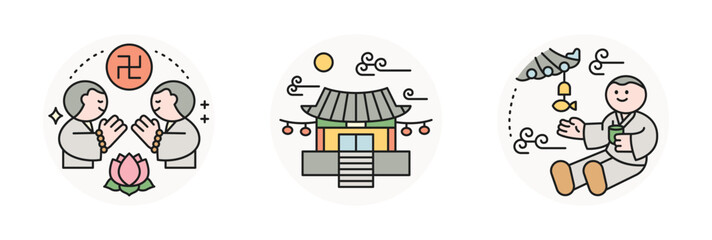 Buddha’s Birthday. A monk praying, a quiet temple, a fish bell and a monk.